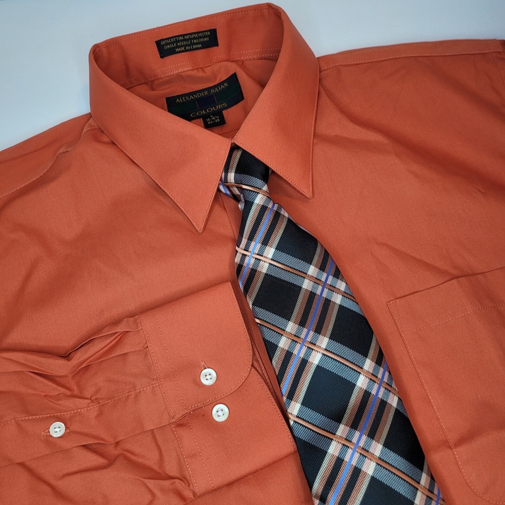 Alexander Julian Colours Orange Collared Long Sleeve‎ Shirt Size L With TIE